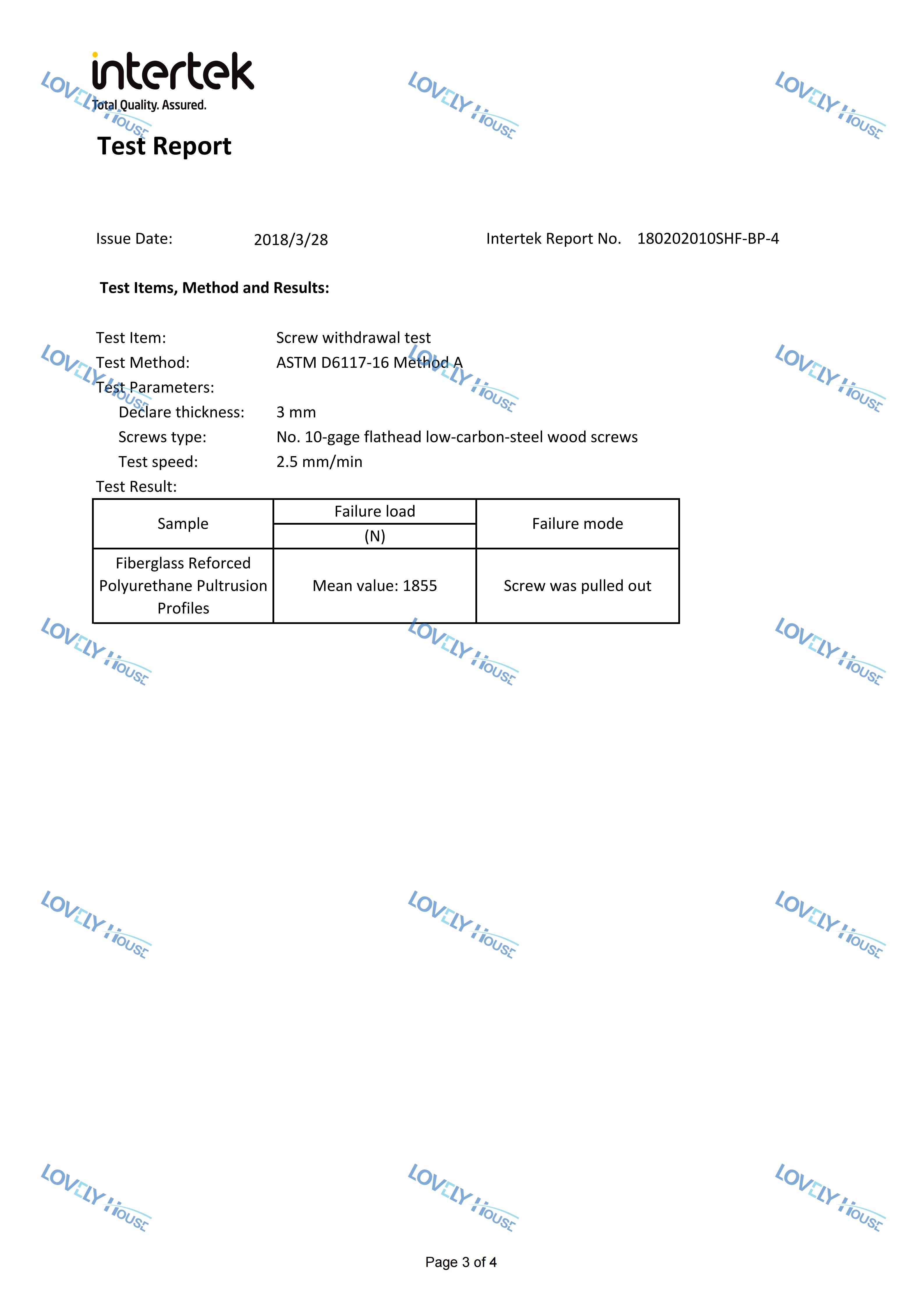 Nail-holding ability test of Lovely House FRPu profile - Intertek