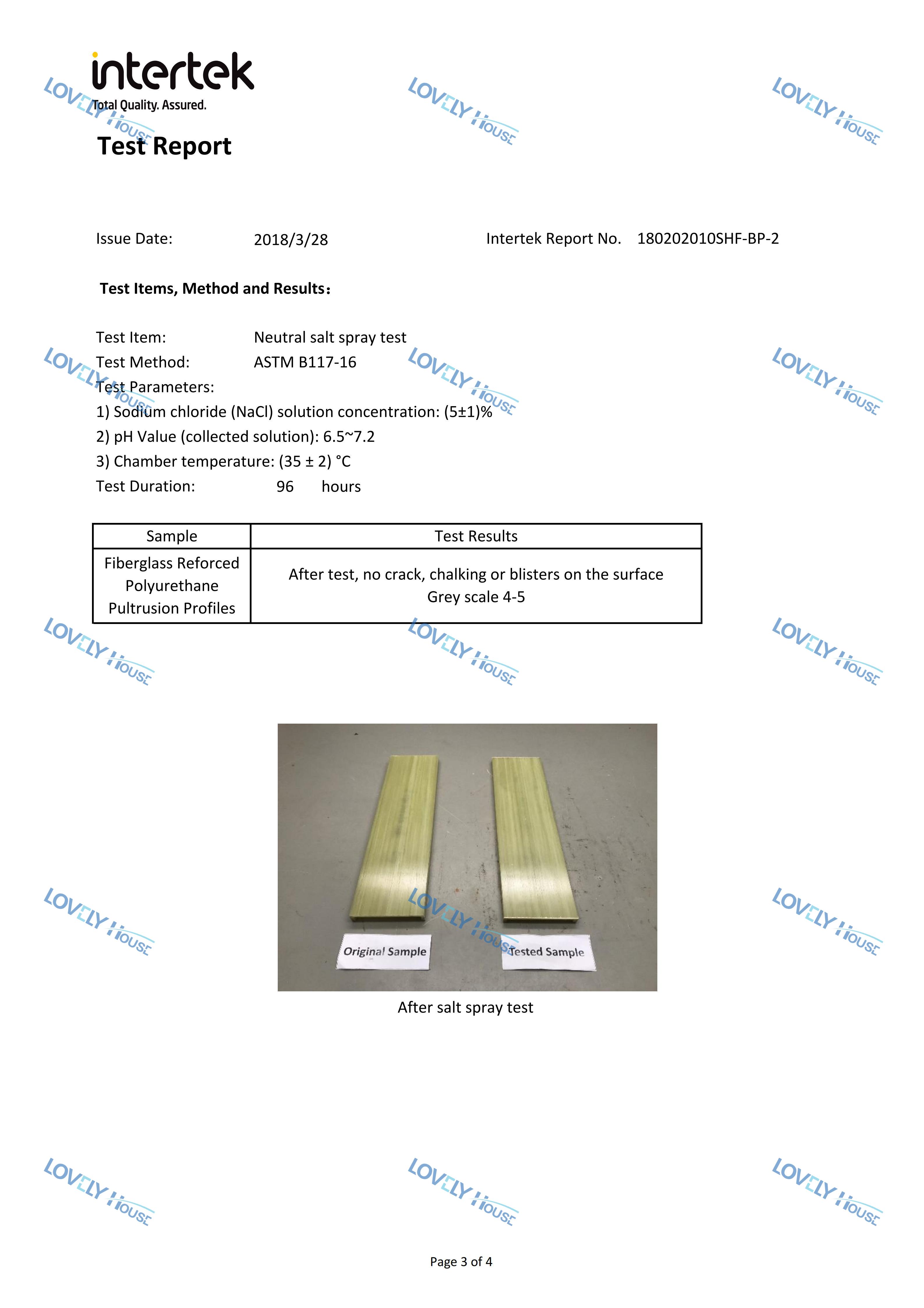 Salt test of Lovely House FRPu profile - Intertek